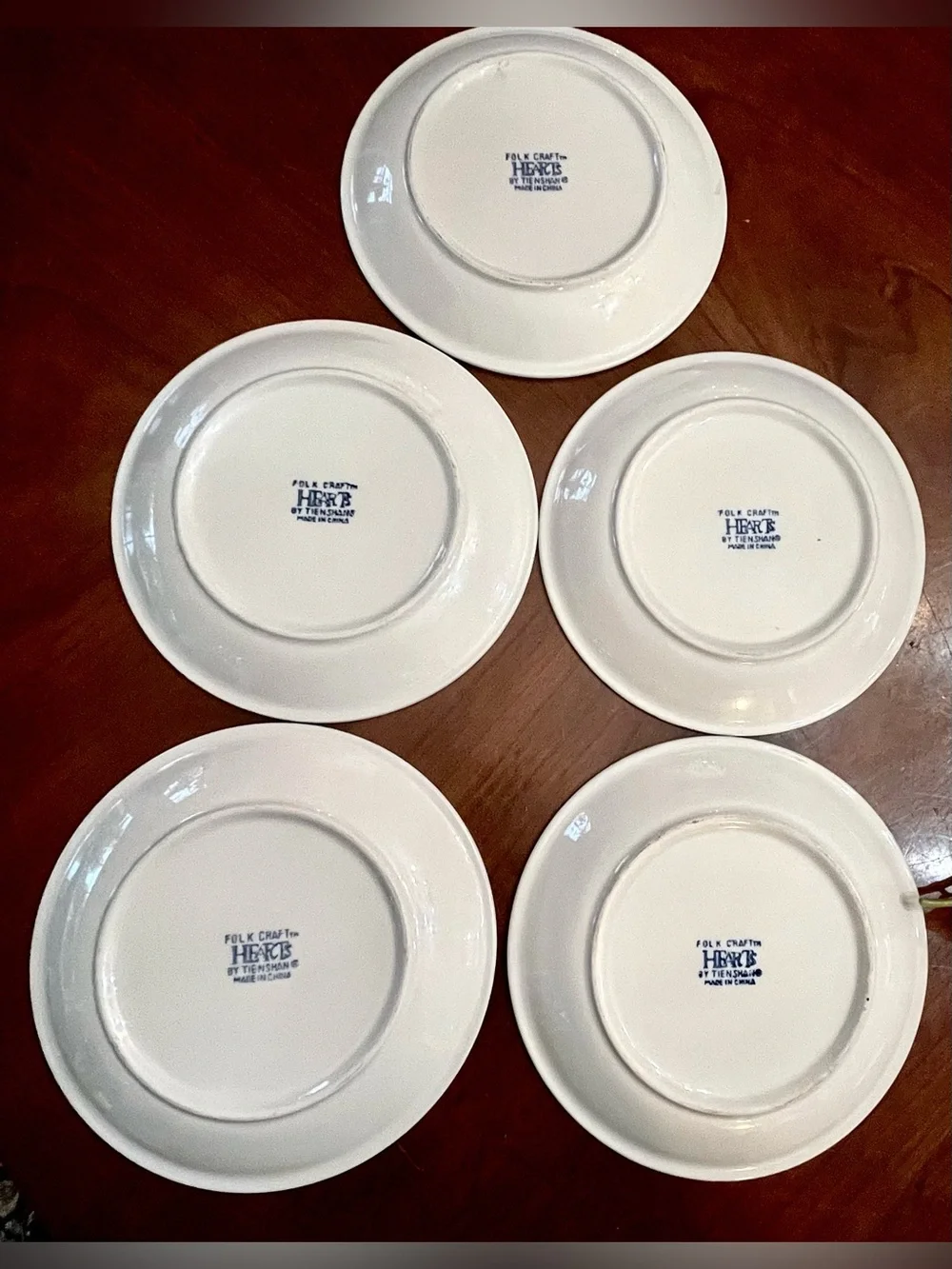 5 VTG Tienshan Folk Craft Blue Hearts Spongeware Salad Dessert Plates, 7.5”